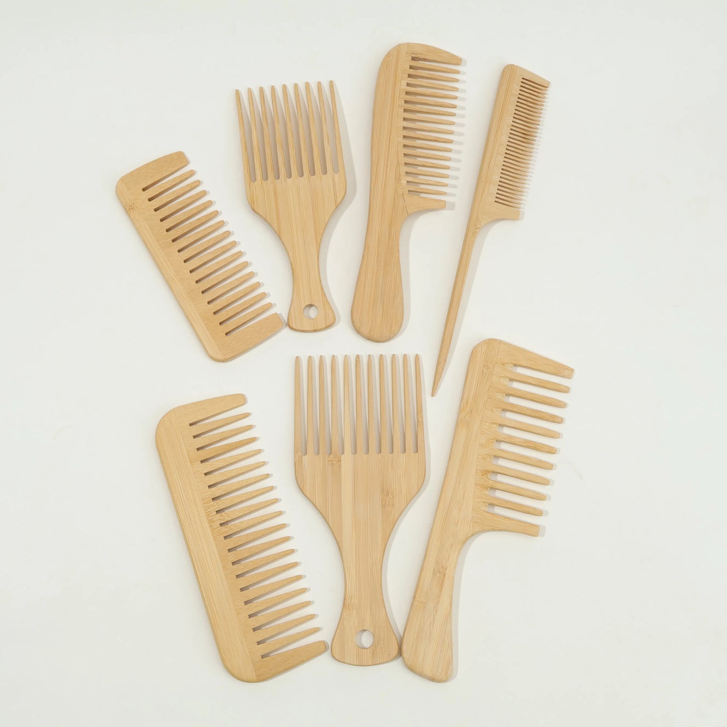 7pcs Multiple Types Natural Bamboo & Wood Handmade Combs Collection, Wide & Fine Teeth