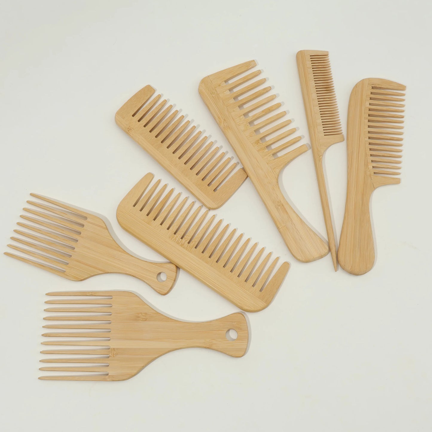 7pcs Multiple Types Natural Bamboo & Wood Handmade Combs Collection, Wide & Fine Teeth