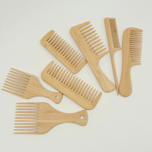 7pcs Multiple Types Natural Bamboo & Wood Handmade Combs Collection, Wide & Fine Teeth