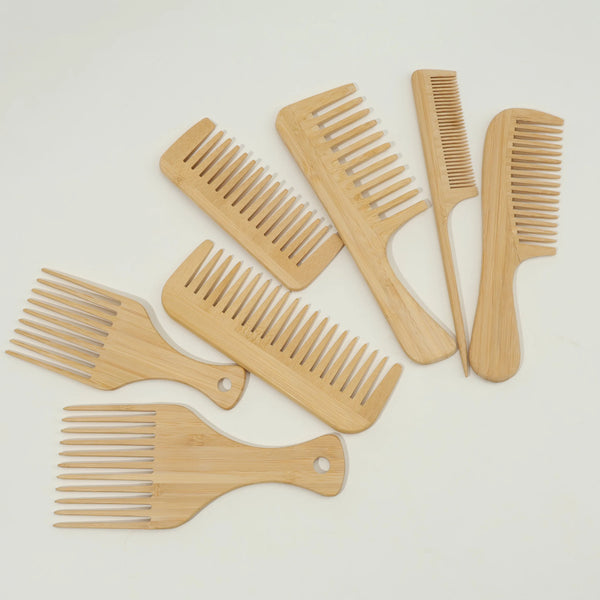 7pcs Multiple Types Natural Bamboo & Wood Handmade Combs Collection, Wide & Fine Teeth