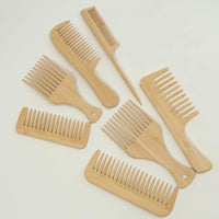 7pcs Multiple Types Natural Bamboo & Wood Handmade Combs Collection, Wide & Fine Teeth