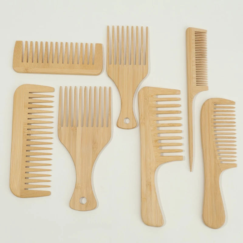 7pcs Multiple Types Natural Bamboo & Wood Handmade Combs Collection, Wide & Fine Teeth