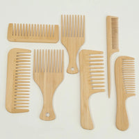 7pcs Multiple Types Natural Bamboo & Wood Handmade Combs Collection, Wide & Fine Teeth