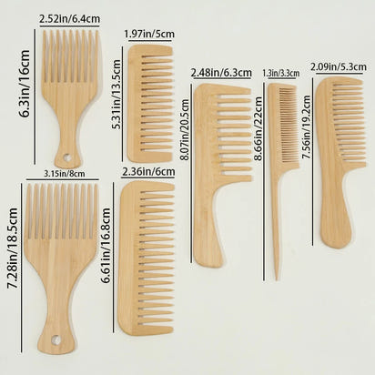 7pcs Multiple Types Natural Bamboo & Wood Handmade Combs Collection, Wide & Fine Teeth