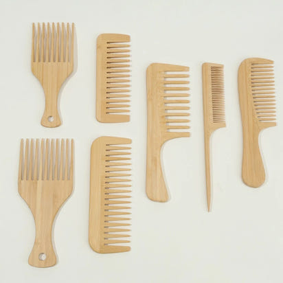 7pcs Multiple Types Natural Bamboo & Wood Handmade Combs Collection, Wide & Fine Teeth